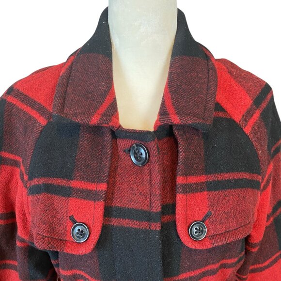 Gap red black plaid flannel mid length button down collared 3/4 sleeve coat M - Picture 5 of 10